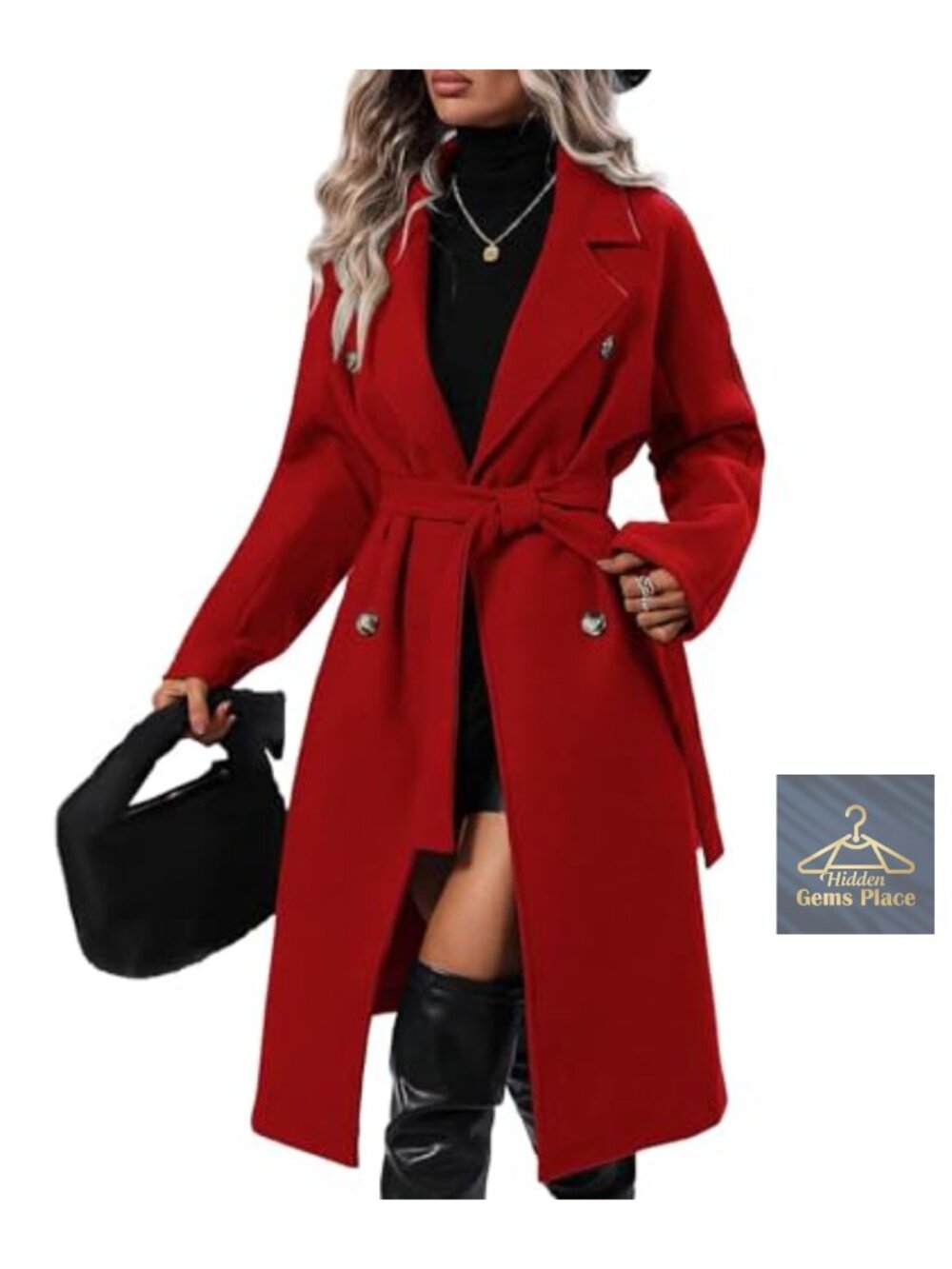 Women's Double Breasted Wool Pea Coat Long Trench Notch Lapel A-Line with Belt